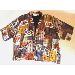 VINTAGE Y2K Womens Jacket-PASSPORTS/ PIER 1-brown/blue patchwork Aztec Kimono-L